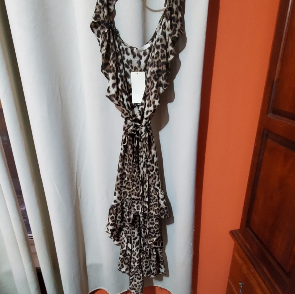 Nwt, leopard print wrap high low dress